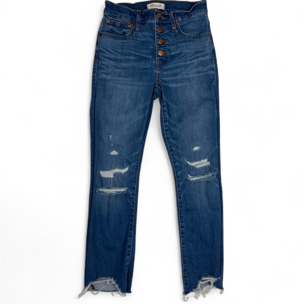 Madewell Cali Demi Bootcut Jeans Women 25 Blue Distressed Raw Hem Button Fly